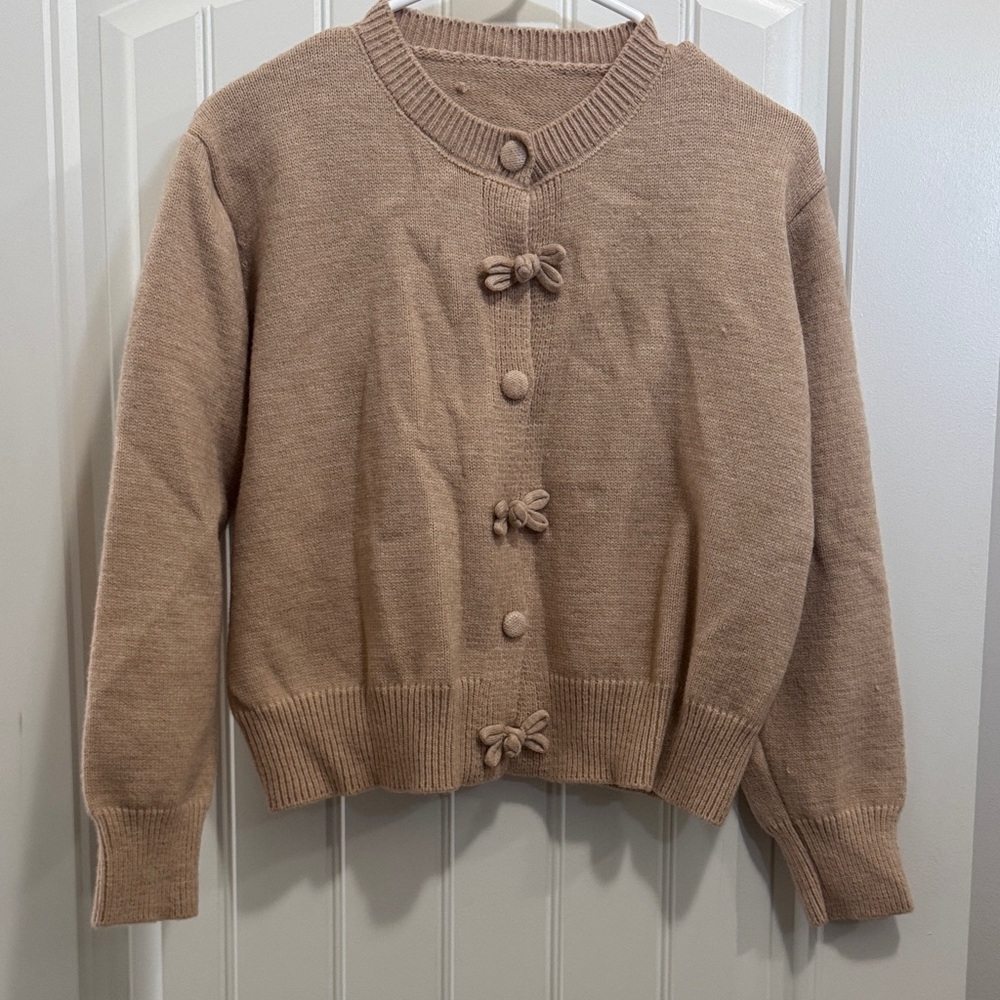 Women’s Beige Bow-Accent Knit Cardigan Sweater